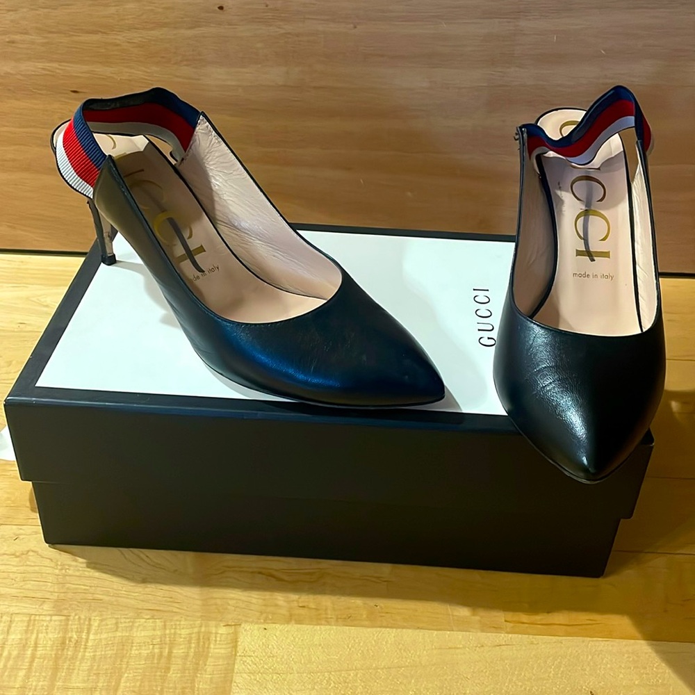 Gucci Sylvie Web Accent Leather Slingback Pumps, Size 39.5 UK, 9.5
